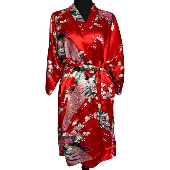 Red Satin Floral Peacock Kimono Robe 37” Long OS Belted Lightweight - Picture 1 of 7